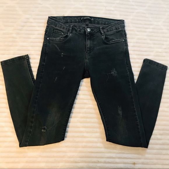 Zara Trafuluc Denimwear Washed Black High Rise Distressed Skinny Jeans Size 6 28